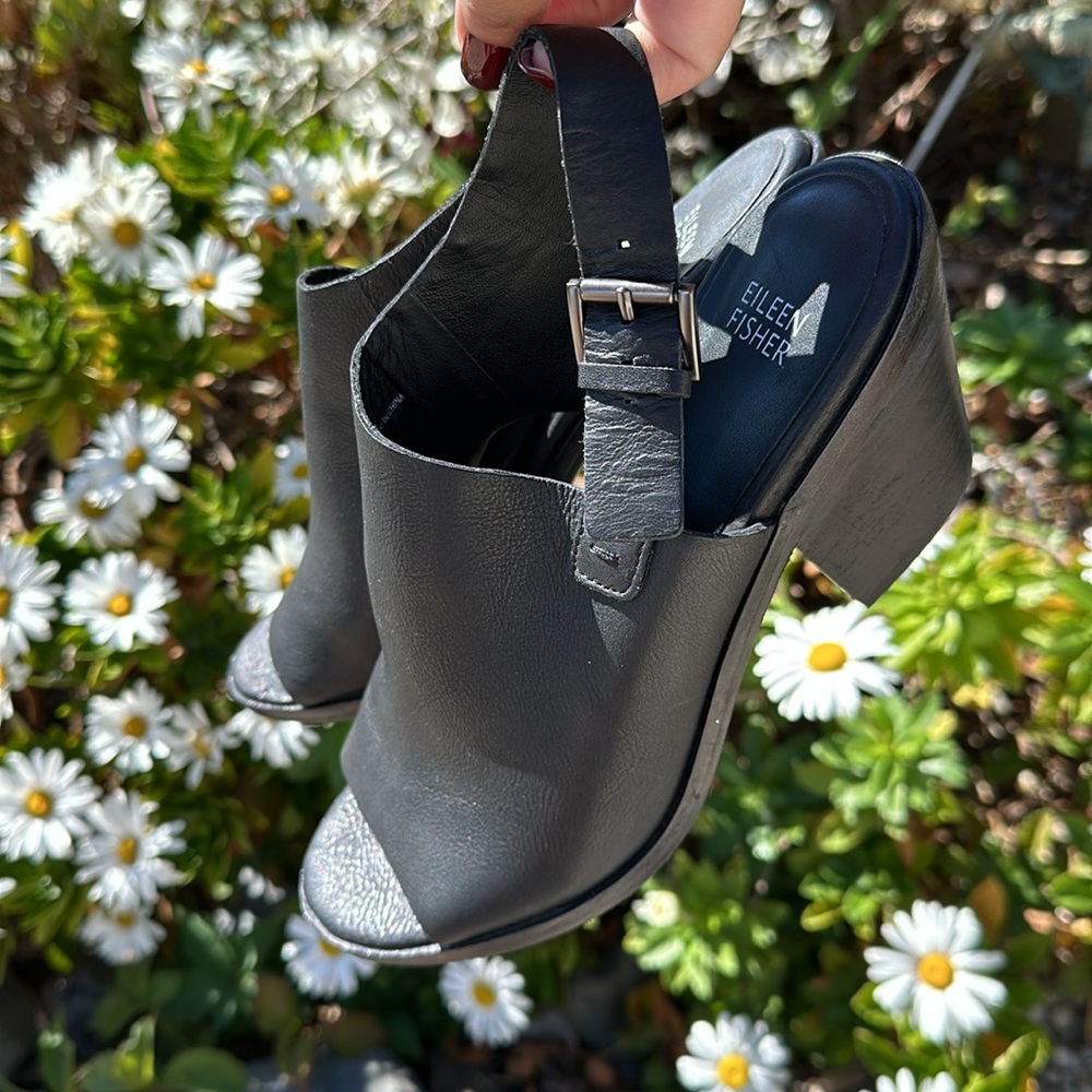 Eileen Fisher black sandals 9 Open toe mules chunky wedge heel